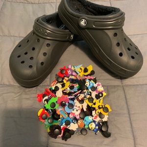 Black Fuzzy Crocs with over 80 croc charms!